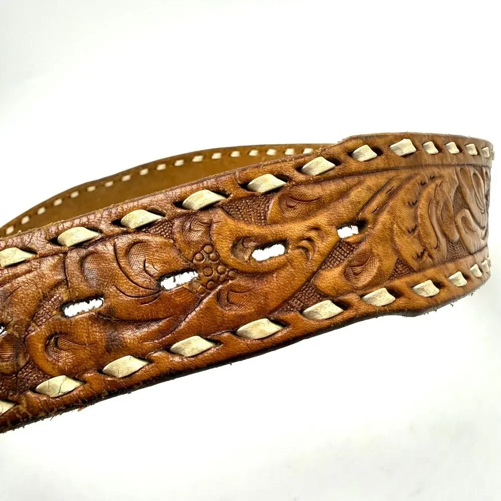 Linda Vintage Western Name Belt 34 Hand Tooled Laced Brown Leather Cowgirl